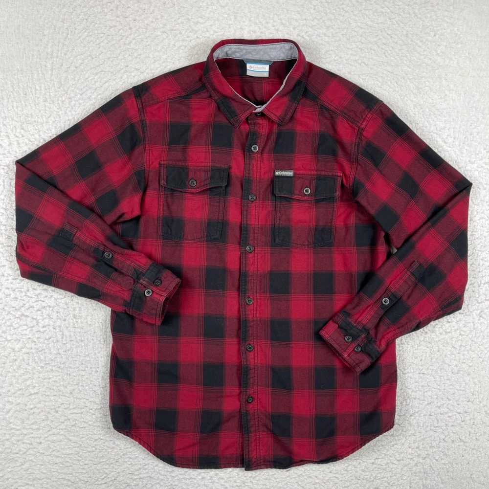 Columbia Flannel Shirt Mens Medium Red Black Buffalo Plaid Gorpcore Camping